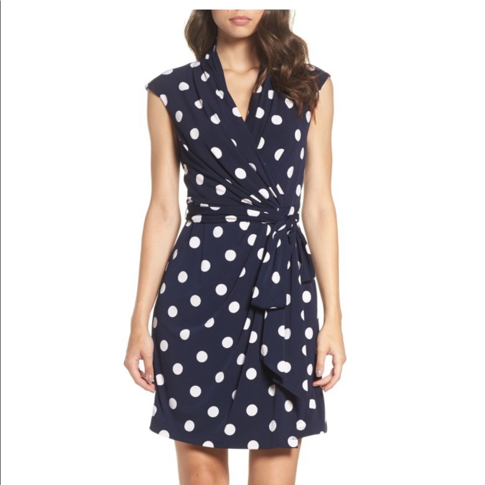 Eliza J Polka Dot Jersey Faux Wrap Dress, Navy, Size 2